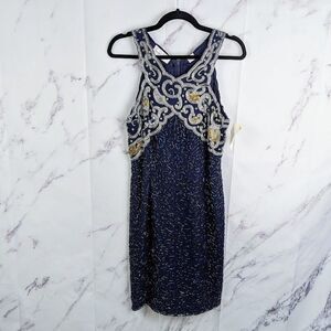Deadstock Laurence Kazar Silk Beaded Cocktail Dress 1980s Dark Navy Blue Size L